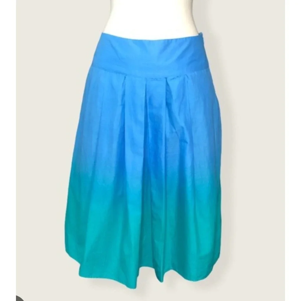 Boho Watercolor Coastal Chic Ombre‎ Pleated Cotton Midi Skirt Womens 12 Lined